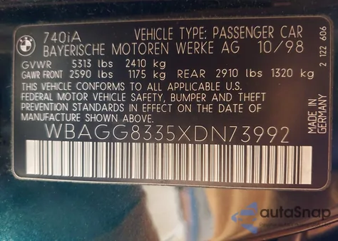 1999 BMW 740Ia из США, поврежденный, VIN WBAGG8335XDN73992